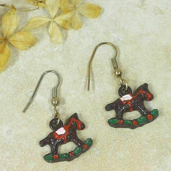Vintage Rocking Horse Earrings Jewelry Black Steed Toy Red Saddle Dangle Earring - Picture 8 of 8